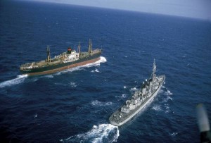 U.S. warship approaching Soviet freighter on sea lanes to Cuba