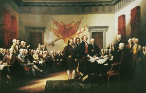 Artist's rendering of 2nd Continental Congress, Adams and Jefferson with the Declaration 