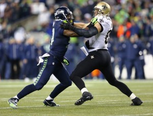 Hawks KJ Wright defending Saints Jimmy Graham 