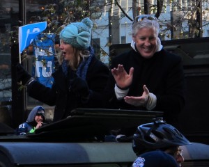 Pete Carroll and his wife at the Seahawks Victory celebration in downtown Seattle...photo by Mark Arnold