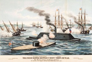 Artist rendering of the Battle of the Ironclads, Hampton Roads, Virginia, March 1862. (The "Monitor" is in the foreground.)