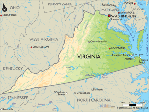 Map of Virginia. The James River and Norfolk are in the South East part of the state