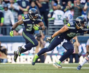 Thomas Rawls on the run...he exploded for 209 yards rushing vs. 49ers!