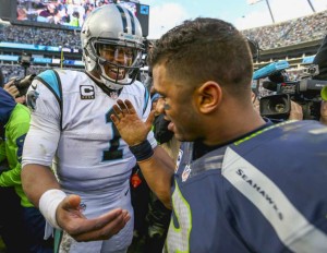 Russell Wilson congratulates Cam Newton following Seattle's 31-24 divisional round playoff loss