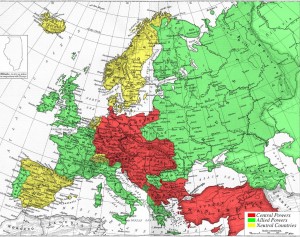 Map of World War I Europe showing Allies (green) and Central Powers (red)