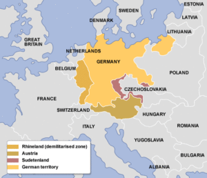 Map showing the location of the Rhineland and Sudetenland