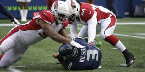 Seattle Seahawks quarterback Russell Wilson (3) is sacked by Arizona Cardinals 